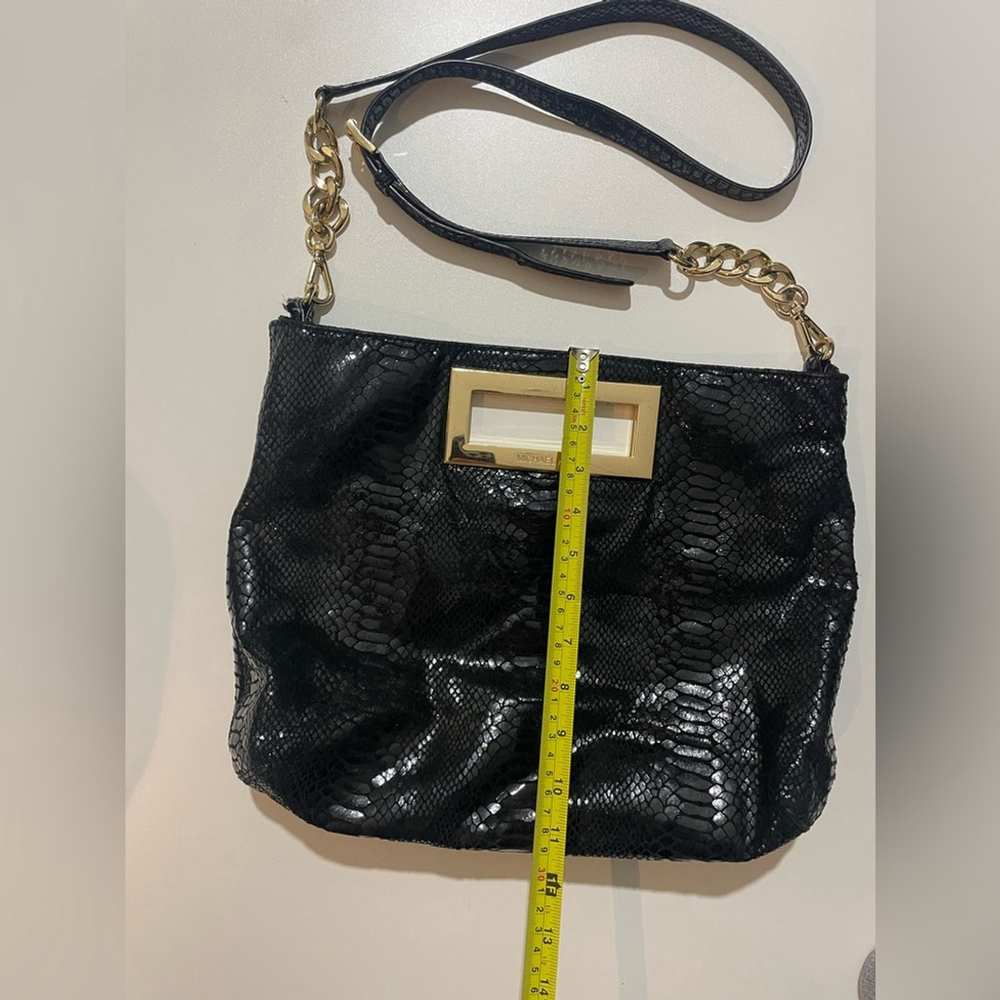 Michael Kors Black Snake-Embossed Leather Shoulder Bag Gold Evening Crossbody - Picture 7 of 8